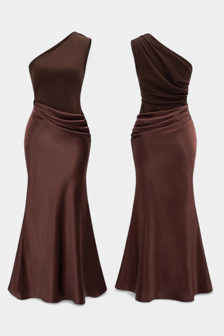 Lía |  Vestido Largo de Fiesta Plisado con Escote de Un Solo Hombro