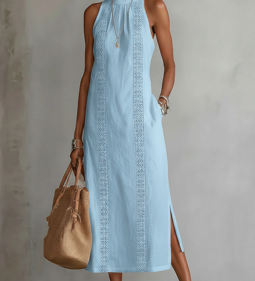 Jimena | Vestido midi de lino con cuello mao